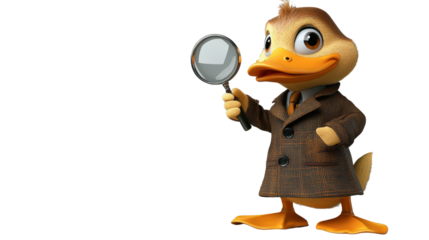 Detective duck holding magnifying glass on transparent background
