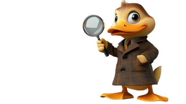 Detective duck holding magnifying glass on transparent background - Powered by Adobe