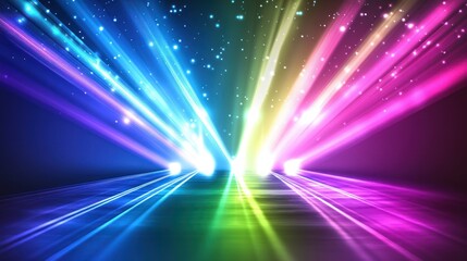 Colorful abstract light beams radiating from a central bright source
