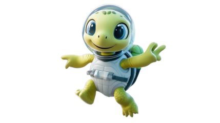 Cartoon turtle astronaut floating and pointing in space with transparent background