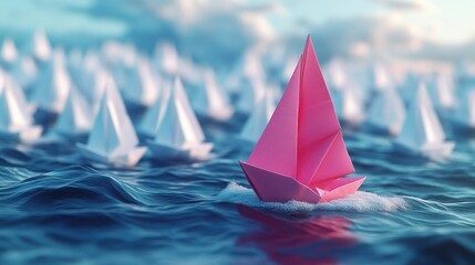 Pink origami boat leading a fleet of white boats