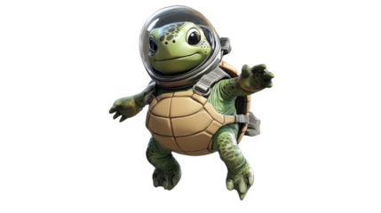 Cartoon turtle astronaut floating in space with transparent background