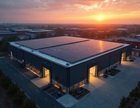 Aerial view of commercial building equipped with solar photovoltaic power generation panels on rooftop. Modern workshop in sunset. Renewable energy concept, eco industry, alternative power supply.
