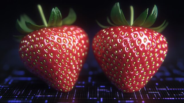 Strawberries displayed on digital grid for food tech. product visuals, data, or healthy eating campaigns