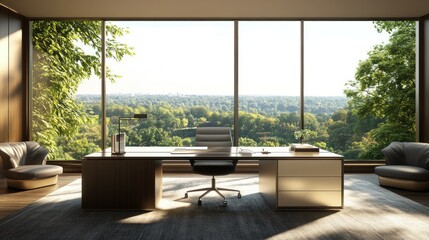 Fototapeta premium Elegant modern office with a large window and scenic view