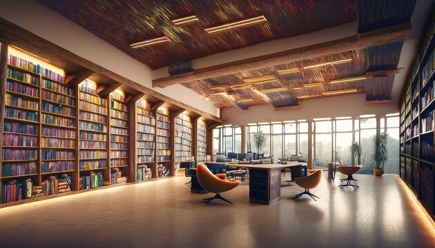 Bright, spacious educational space with a modern library, study areas, and natural light.