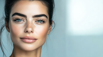 Fototapeta premium Beautiful young woman with striking features and captivating blue eyes poses for a close-up