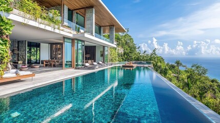 Fototapeta premium A luxurious seaside resort property featuring modern villas, a grand infinity pool, and tropical landscaping --ar 16:9 --v 6.1 Job ID: f6628807-8bac-42a2-8abd-7944333c70d6