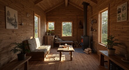Cozy Log Cabin Interior with Wood Burning Stove and Natural Light