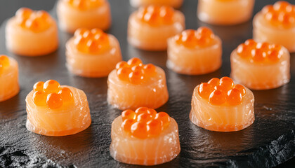 Delicious canapes with salmon and caviar on black textured table, closeup