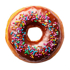 Chocolate Frosted Donut with Colorful Sprinkles on White Background