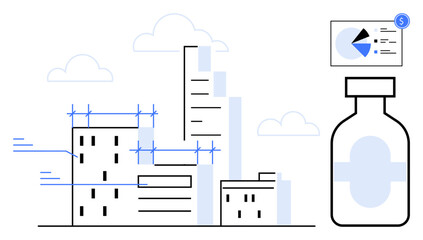 Skyscrapers under construction, data graphs projecting healthcare innovation, building growth, urbanization, sustainability, medical research, architecture, and progress. Ideal for futuristic