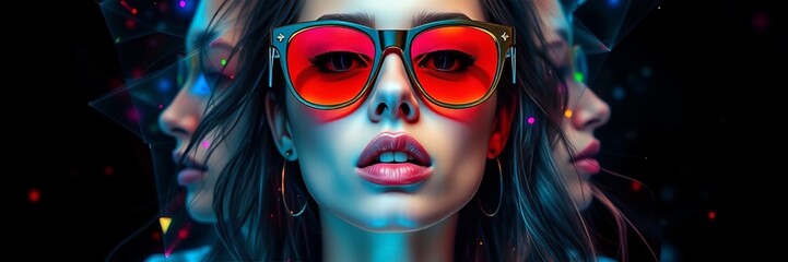 Futuristic neon portrait of a stylish woman in vibrant sunglasses, with a trippy, cyberpunk aesthetic and colorful reflections. Modern digital art with bold fashion and sci-fi elements. © Moody