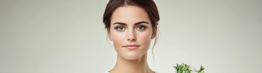 Naklejka premium Woman holding fresh herbs in a well-lit studio showcasing natural beauty and wellness