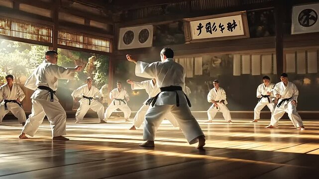 Group of martial artists practicing karate in a traditional dojo with sunlight streaming in