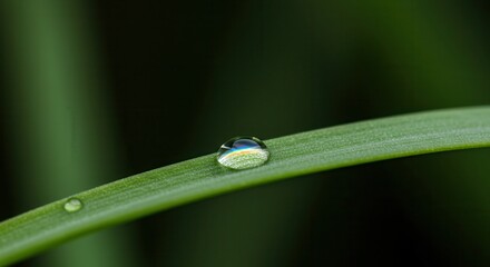 Water Droplet on Green Leaf Close Up with Rainbow Reflection