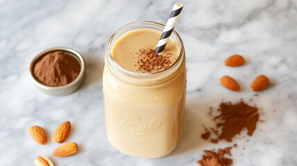 Nutritious peanut butter smoothie with chocolate sprinkles, healthy vibe, served in mason jar, marble background
