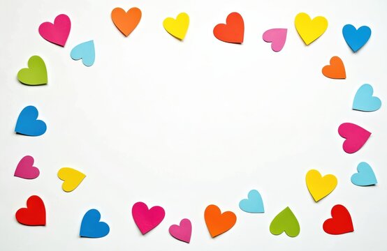 Rainbow paper hearts frame composition on white background. Valentines day LGBT pride month concept. Flat lay with copy space for greeting card messages and promo banner.