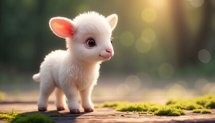 Cute Easter lamb standing on wooden surface with green moss, spring joy