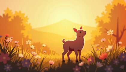 Playful lamb silhouette in scenic meadow at golden hour, Easter theme