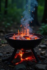 Empty charcoal grill with bright orange flames, ready for cooking, black, orange