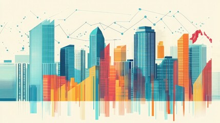 Abstract cityscape with financial graph overlay, urban growth depiction