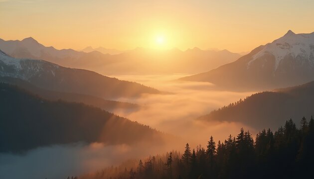 Misty mountain landscape at sunrise with gentle slopes. Golden sun illuminates fog layers between forest hills. Snow capped mountain peaks at distance, creating peaceful nature scenery.