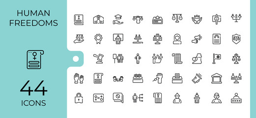 Human Rights icon set. Contains linear outline icons like discrimination, protection, hand, voting, donation and more. Simple line vector. Minimalist vector collections.