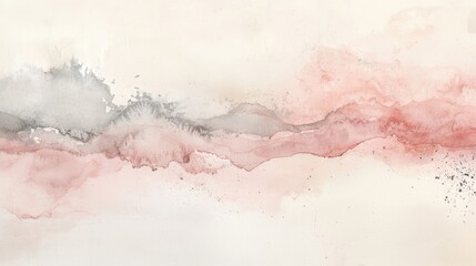 Fototapeta premium Soft pink and gray watercolor washes form a tranquil landscape, showcasing gentle mountain outlines and a calming atmosphere that invites reflection