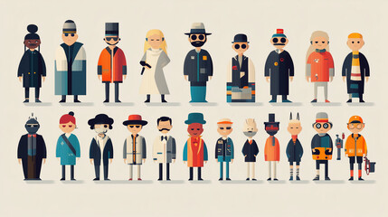 Stylized cartoon characters in modern outfits on a neutral background for digital illustration and design concepts