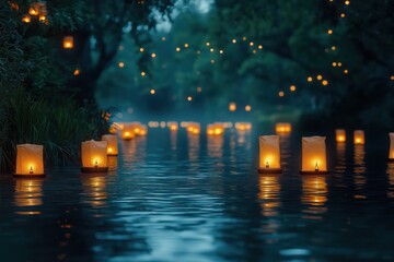 Floating lanterns glowing on a tranquil river under the quiet night sky