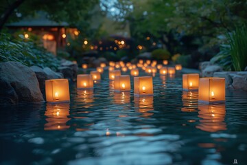 Floating lanterns glowing on a tranquil river under the quiet night sky
