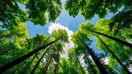 Fototapeta premium Looking Up Green Trees Summer Forest Canopy Nature