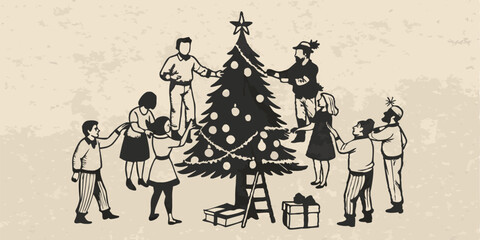 People decorating a Christmas tree monochrome image. Flat vector illustration.