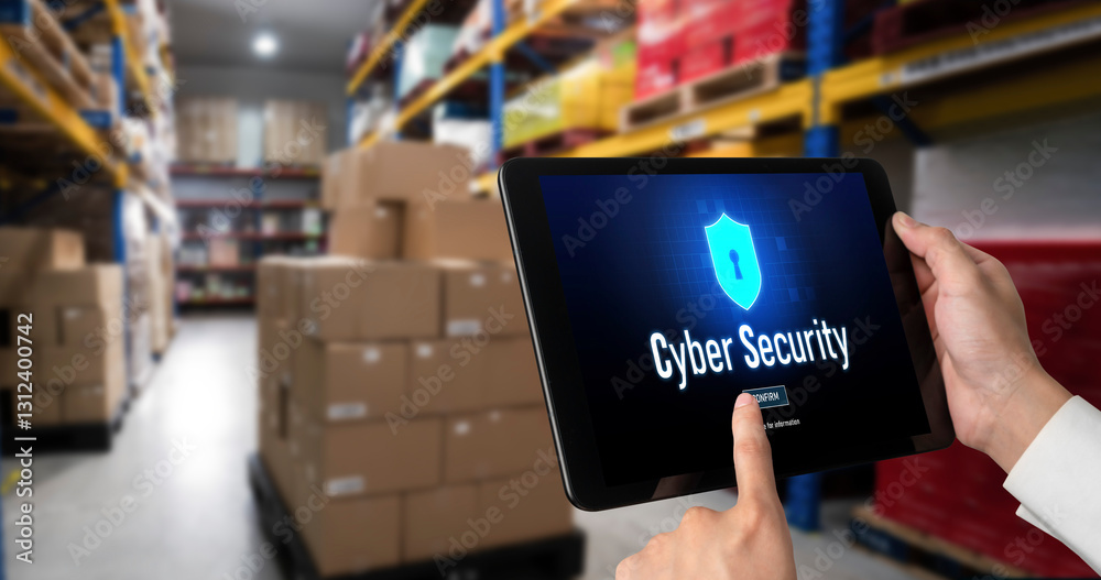 Poster cyber security system on computer screen protect private information snugly from hacker and cyber at