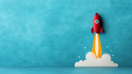 Red Rocket Launching Against Teal Background: Innovation, Startup Success, and New Beginnings