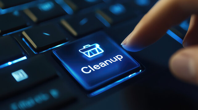 Digital Cleanup Pressing the Cleanup Button on a Glowing Keyboard