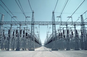 Low angle shot of electrical substation with metal towers against clear sky. Complex network cables, distribution equipment. Industrial facility ensures reliable energy supply. Power generation,