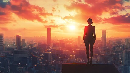 Silhouette of a woman looking out over a cityscape at sunset
