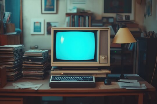 Classic 90s tech setup featuring CRT monitor, beige PC, and floppy disks