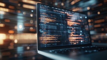A laptop displaying complex code on the screen representing software development and programming in a digital world