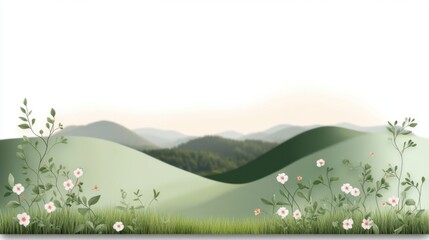 Fototapeta premium Serene landscape painting of rolling green hills, wildflowers, and distant mountains under a clear sky.