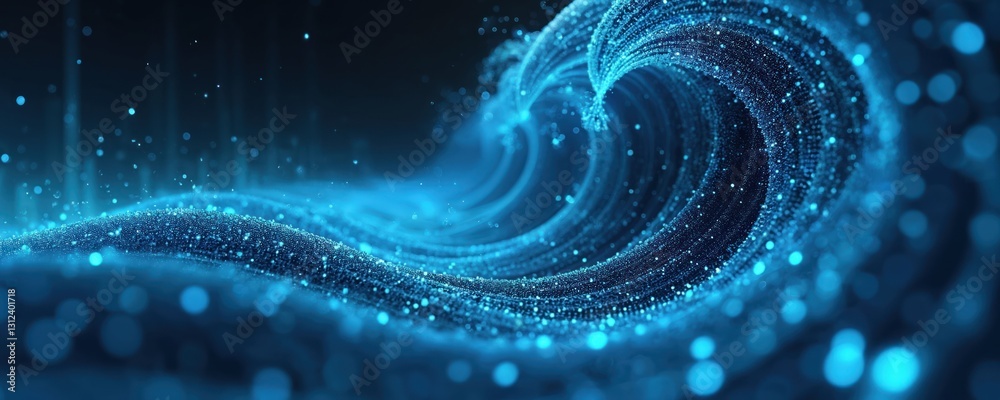 Poster Abstract blue energy wave, futuristic data stream background. Tech data vortex stream resembles cyberpunk funnel. Technology illustration shows light, space, motion, fractal digital fantasy swirl