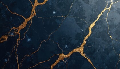 Elegant navy blue marble stone texture features luxurious gold veins. Dark solid surface with intricate patterns design. Rich mineral background decor, premium contrast, shine, sleek aesthetic for