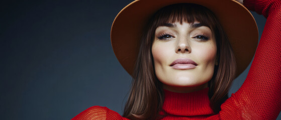 Fashionable woman in a red outfit and hat striking a confident pose indoors