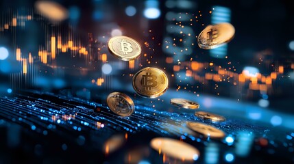 Golden bitcoin coins floating over digital market chart with glowing blue technology background and bokeh lights, cryptocurrency trading concept.