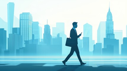 Obraz premium Confident Businessman Walking Through Urban Environment with Smartphone, Showcasing Success and Ambition in Vibrant City Landscape