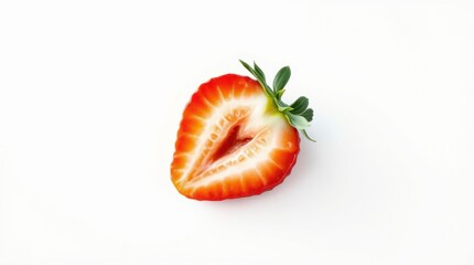 A vibrant, halved strawberry with green stem, revealing a juicy red interior against a clean white backdrop.