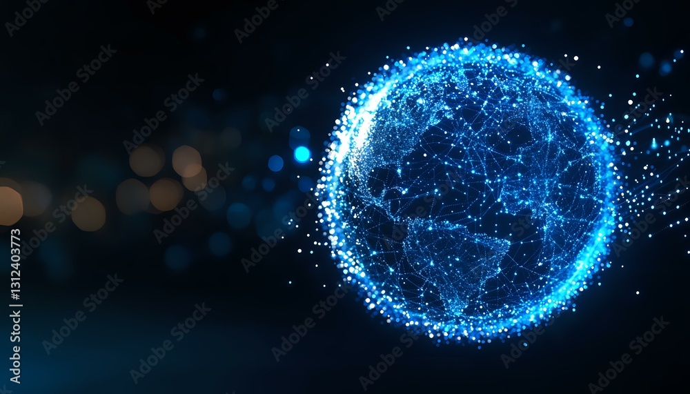Poster digital globe visualization with glowing blue network connections and particle effects on dark backg