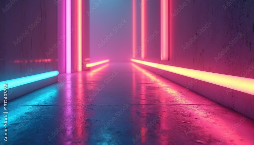 Aufkleber vivid neon lights cast colorful reflections on smooth floor creating futuristic atmosphere. glowing 
